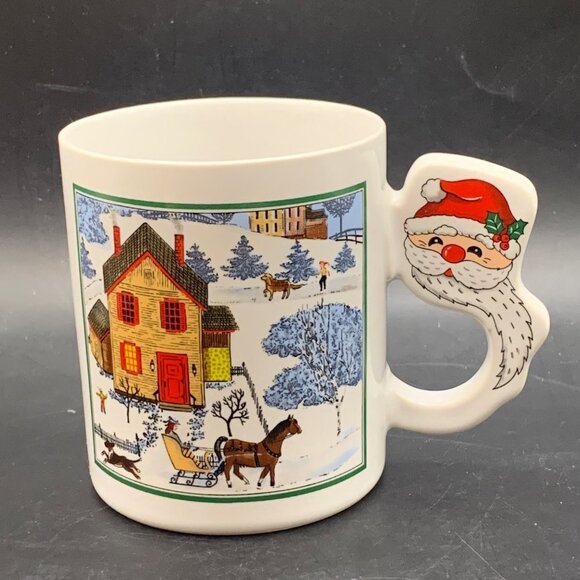 Christmas Santa Mug Cup White With VTG Santa & Houses Snow Scene Made In Japan - Picture 1 of 8